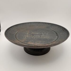 Vintage Black Cast Iron Pedestal Plate Egyptian Revival Chariot Motif 10.5"
